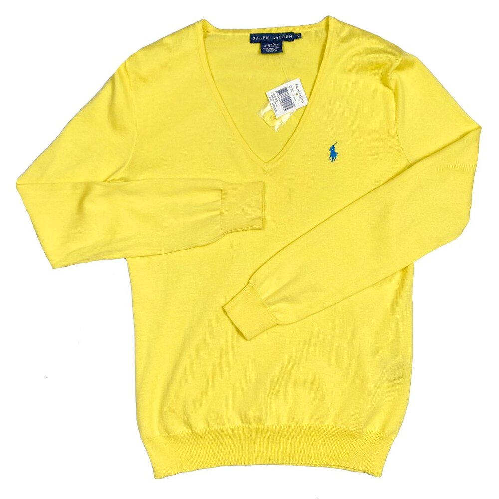 NEW Polo Ralph Lauren Sweater! Med Bright Yellow Lightweight Cotton Blue Player